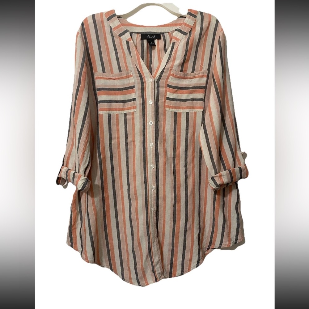 AGB Women’s Medium Tunic Top Orange Gray Striped Roll Tab Button Down Blouse
